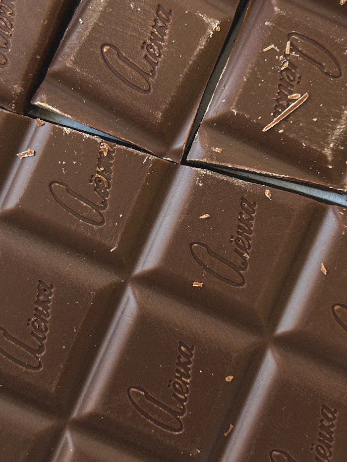 Tempting close-up of rich dark chocolate squares with 'Vienna' engraving, perfect for dessert presentations.